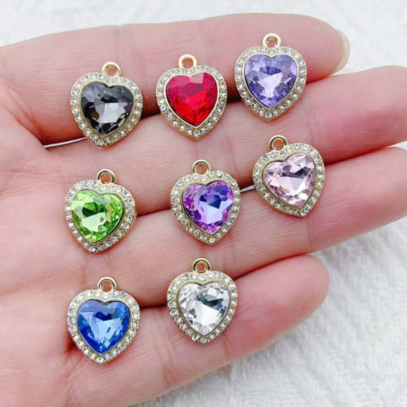 Jewelry Making Earrings - 10pcs heart-shaped inlaid colorful gemstone pendant,